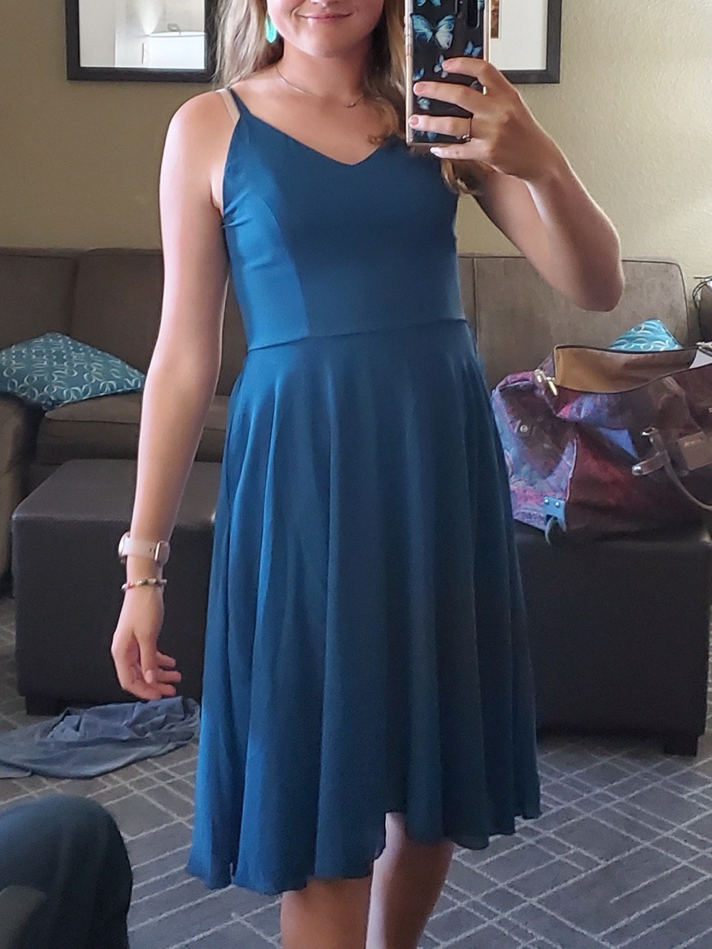 Sleeveless V-Neck Blue A-Line Dress